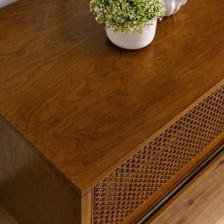 Sunvega Mid Century Modern Rattan Sideboard Cabinet with Adjustable Shelves and Solid Wood Feet