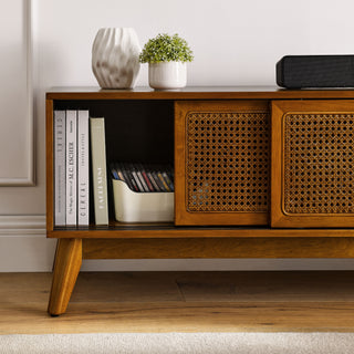 Sunvega Mid Century Modern Rattan Sideboard Cabinet with Adjustable Shelves and Solid Wood Feet