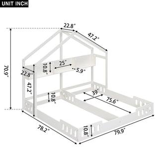 Sunvega Creamy White Twin Size House Platform Beds with Shelves and Guardrail