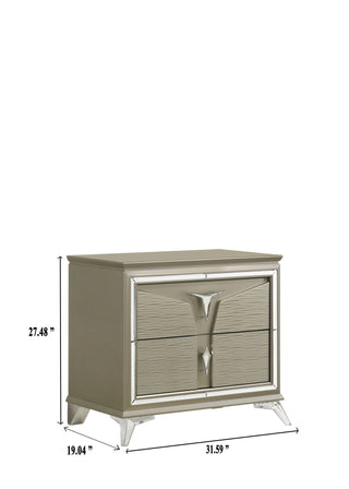 Sunvega Modern Silver Nightstand with 2 Spacious Drawers and Mirror Accents