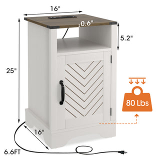 Sunvega White Oak Farmhouse Nightstand with Charging Station and Ample Storage