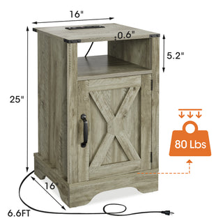 Sunvega White Oak Farmhouse Nightstand with Charging Station and Ample Storage