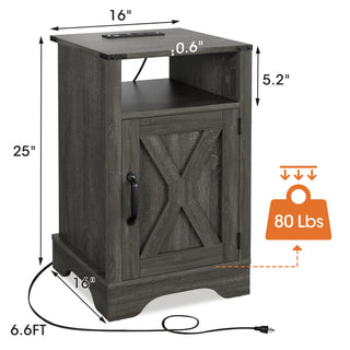 Sunvega White Oak Farmhouse Nightstand with Charging Station and Ample Storage