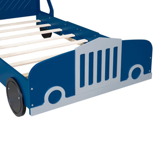 Sunvega Blue Twin Size Car-Shaped Platform Bed with Wheels for Kids