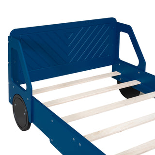 Sunvega Blue Twin Size Car-Shaped Platform Bed with Wheels for Kids