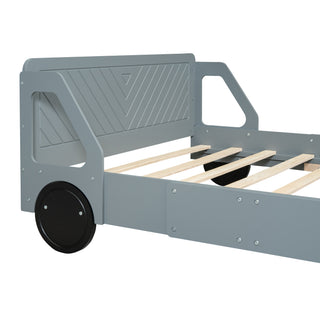 Sunvega Blue Twin Size Car-Shaped Platform Bed with Wheels for Kids