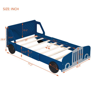 Sunvega Blue Twin Size Car-Shaped Platform Bed with Wheels for Kids