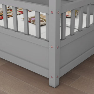Sunvega Twin Size Floor Wooden Bed with House Roof Frame and Fence Guardrails