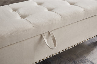 Sunvega Beige Fabric Upholstered Storage Ottoman Bench with Button Tufted Top