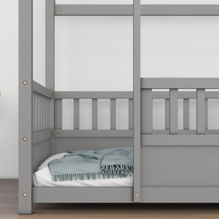Sunvega Twin Size Floor Wooden Bed with House Roof Frame and Fence Guardrails