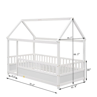 Sunvega Twin Size Floor Wooden Bed with House Roof Frame and Fence Guardrails