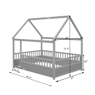 Sunvega Twin Size Floor Wooden Bed with House Roof Frame and Fence Guardrails