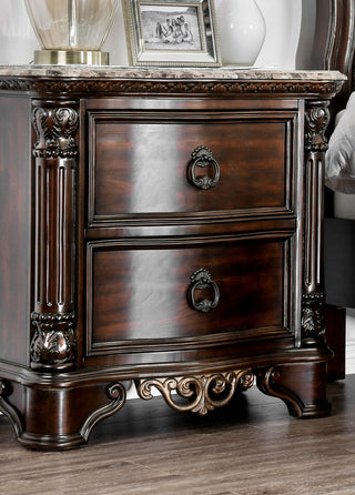 Sunvega Traditional Brown Cherry Nightstand with Genuine Marble Top and Antique Bronze Ring Pulls