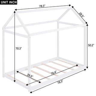 Sunvega Twin Size Gray Wooden House Bed with Eaves Design for Kids Room