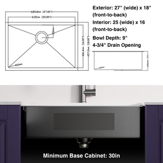 Sunvega 27x18 Inch Undermount Single Bowl Kitchen Sink in Gunmetal Black