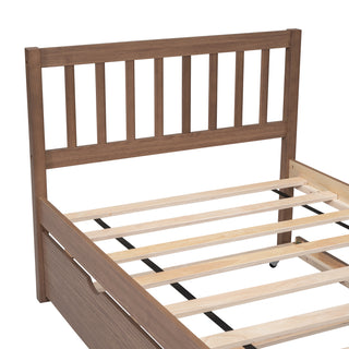 Sunvega Modern Walnut Twin Size Platform Bed Frame with Trundle for Space Saving