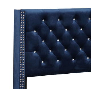 Sunvega Navy Blue Upholstered Queen Bed with Transitional Design Headboard