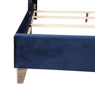 Sunvega Navy Blue Upholstered Queen Bed with Transitional Design Headboard