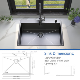 Sunvega Gunmetal Black 30x22 Inch Drop in Topmount Stainless Steel Kitchen Sink