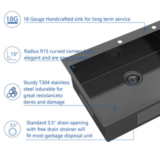 Sunvega Gunmetal Black 30x22 Inch Drop in Topmount Stainless Steel Kitchen Sink