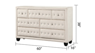 Sunvega Cream Velvet Upholstered Crystal Tufted 7-Drawer Dresser with Wood Frame