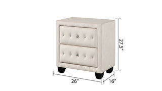 Sunvega Cream Velvet Upholstered Nightstand with Crystal Tufted Design and Two Drawers
