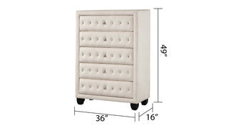 Sunvega Sophia Cream Velvet Upholstered Crystal Tufted 5-Drawer Chest for Bedroom