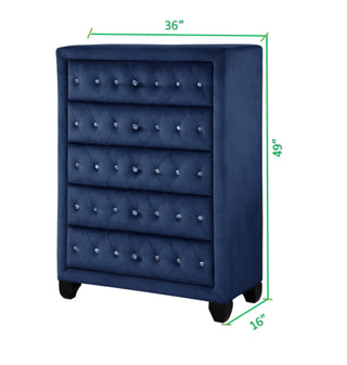 Sunvega Sophia Cream Velvet Upholstered Crystal Tufted 5-Drawer Chest for Bedroom