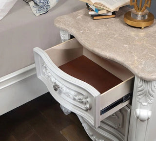 Sunvega White Transitional Nightstand with Faux Wood Carving and Nickel Hanging Pulls