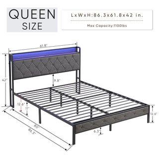 Sunvega Upholstered Queen Bed Frame with LED Headboard Storage Shelf and Charging Station