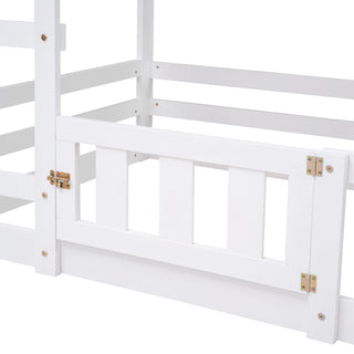 Sunvega Twin over Twin House Bunk Bed with Fence and Door in Gray