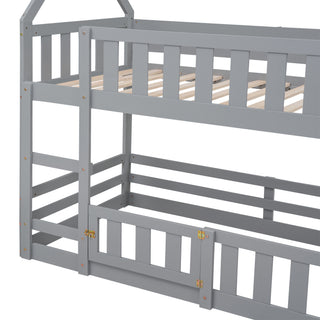 Sunvega Twin over Twin House Bunk Bed with Fence and Door in Gray