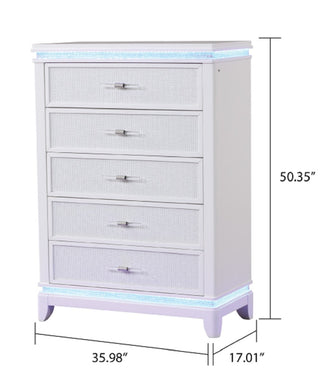 Sunvega White Modern 5-Drawer Wood Chest with Crystal Accents for Bedroom Storage