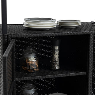Sunvega Outdoor Wicker Bar Cart with Glass Top and Wheels for Patio Backyard Party