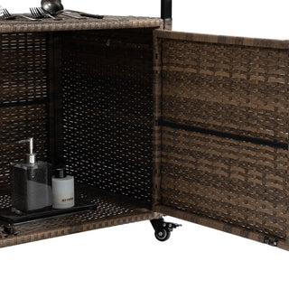 Sunvega Outdoor Wicker Bar Cart with Glass Top and Wheels for Patio Backyard Party
