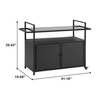 Sunvega Outdoor Wicker Bar Cart with Glass Top and Wheels for Patio Backyard Party