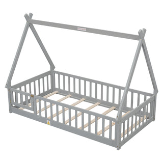Sunvega Twin Tent Teepee Bed with Guardrails Slats in Grey