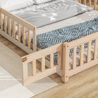 Sunvega Full Size House Shaped Headboard Floor Bed with Safety Fence Guardrails