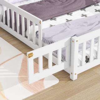 Sunvega Full Size House Shaped Headboard Floor Bed with Safety Fence Guardrails