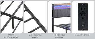 Sunvega King Size LED Upholstered Bed Frame with Storage Headboard and Charging Station