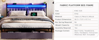 Sunvega King Size LED Upholstered Bed Frame with Storage Headboard and Charging Station