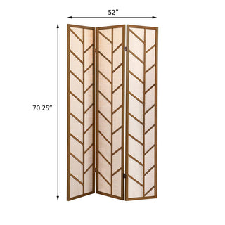 Sunvega Walnut and Linen Foldable 3-Panel Screen with Feather Motif for Room Divider