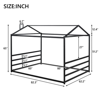 Sunvega Black Metal House Shape Platform Bed Frame with Slats for Queen Size