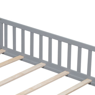 Sunvega Natural Wooden Montessori Floor Bed Frame with Fence and Door for Kids