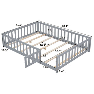 Sunvega Natural Wooden Montessori Floor Bed Frame with Fence and Door for Kids