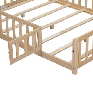 Sunvega Natural Wooden Montessori Floor Bed Frame with Fence and Door for Kids