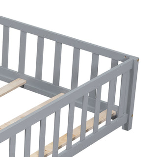 Sunvega Natural Wooden Montessori Floor Bed Frame with Fence and Door for Kids