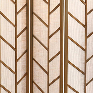 Sunvega Walnut and Linen Foldable 3-Panel Screen with Feather Motif for Room Divider