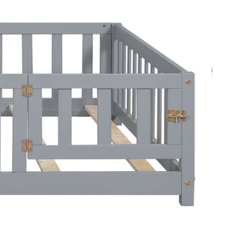 Sunvega Natural Wooden Montessori Floor Bed Frame with Fence and Door for Kids