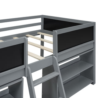Sunvega Twin Size Low Loft Bed with Movable Shelves Ladder and Decorative Chalkboard Guardrail